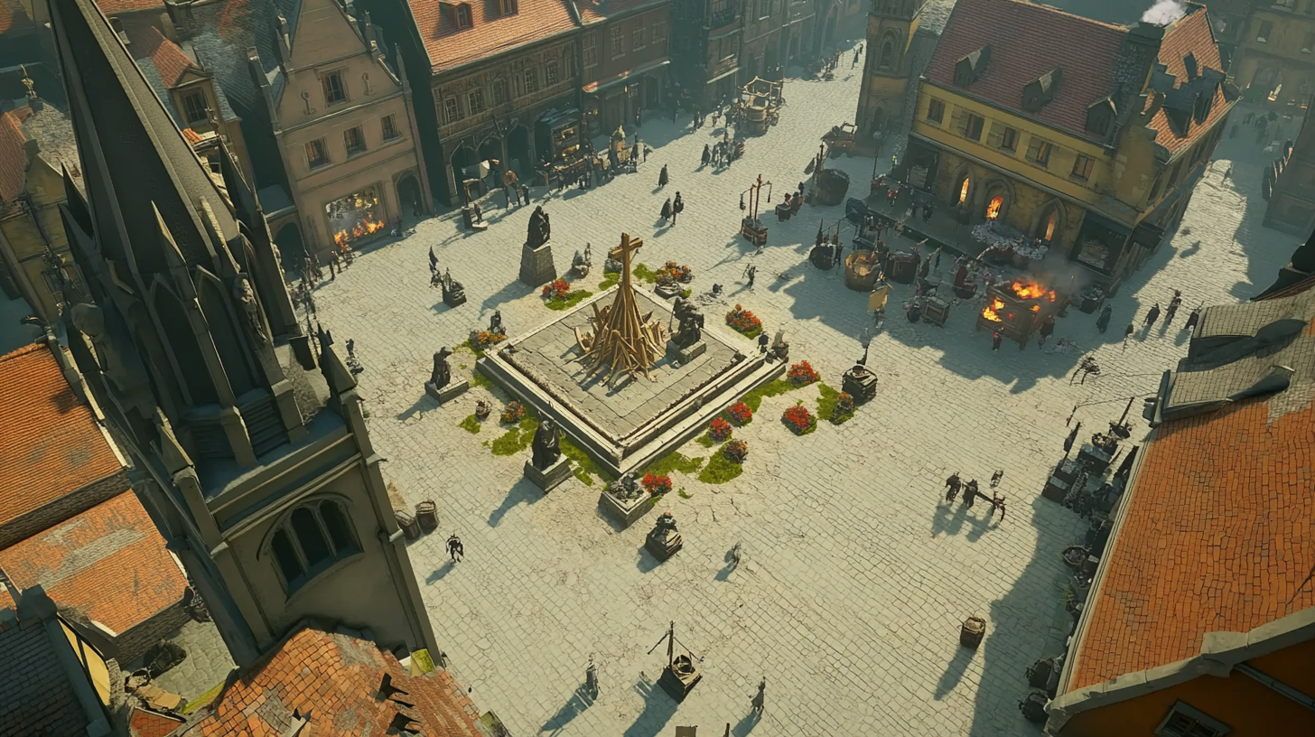 A Bustling Medieval Town Square Under Overcast Sky