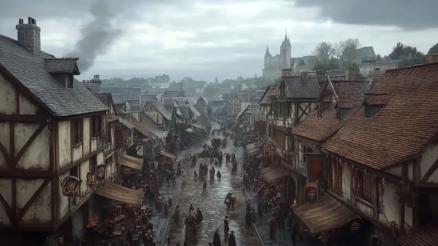 A Bustling Medieval Town under Overcast Skies