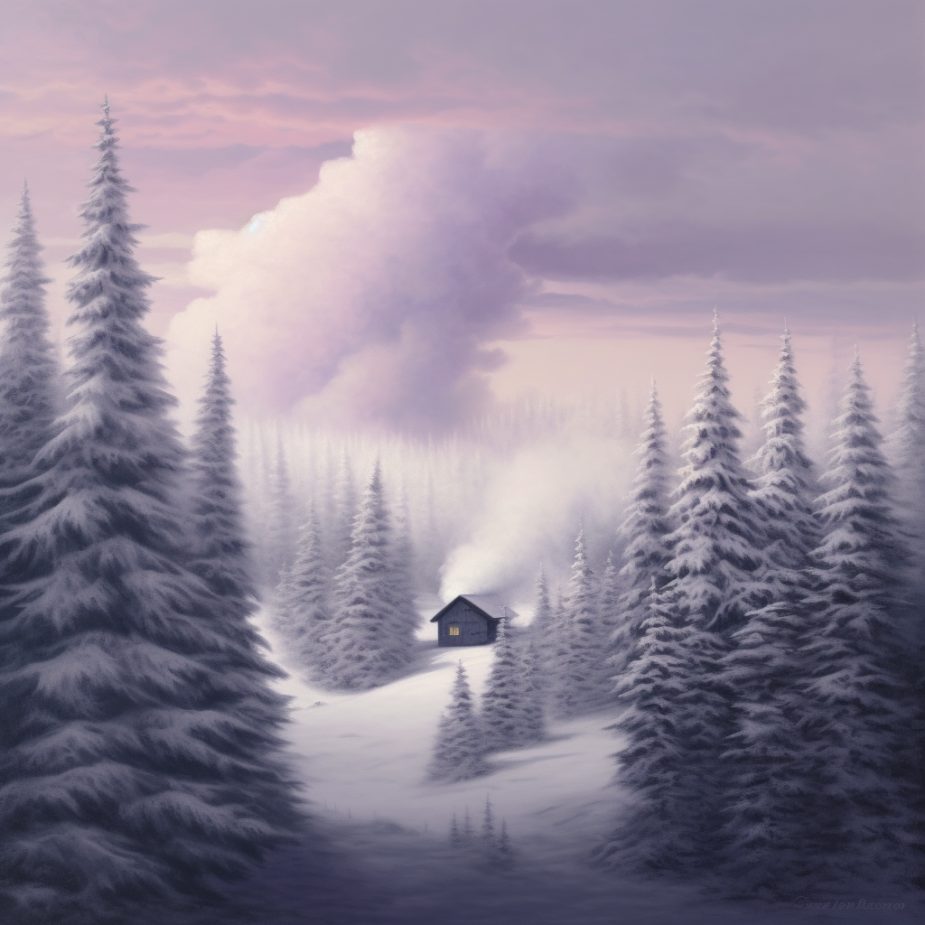 A Cabin in the Snowy Forest with Purple Mountains