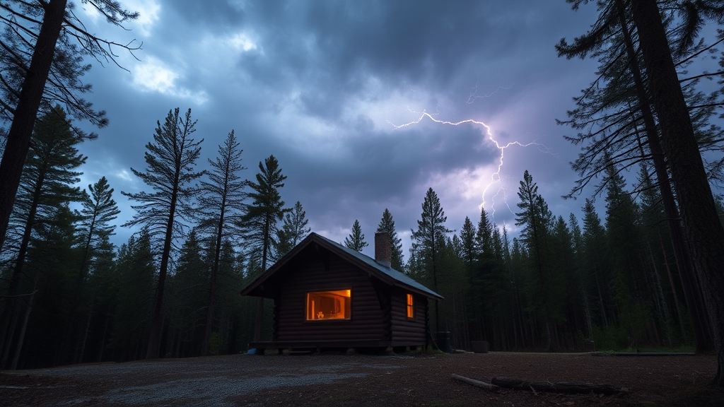 A Cabin in the Woods during Stormy Night