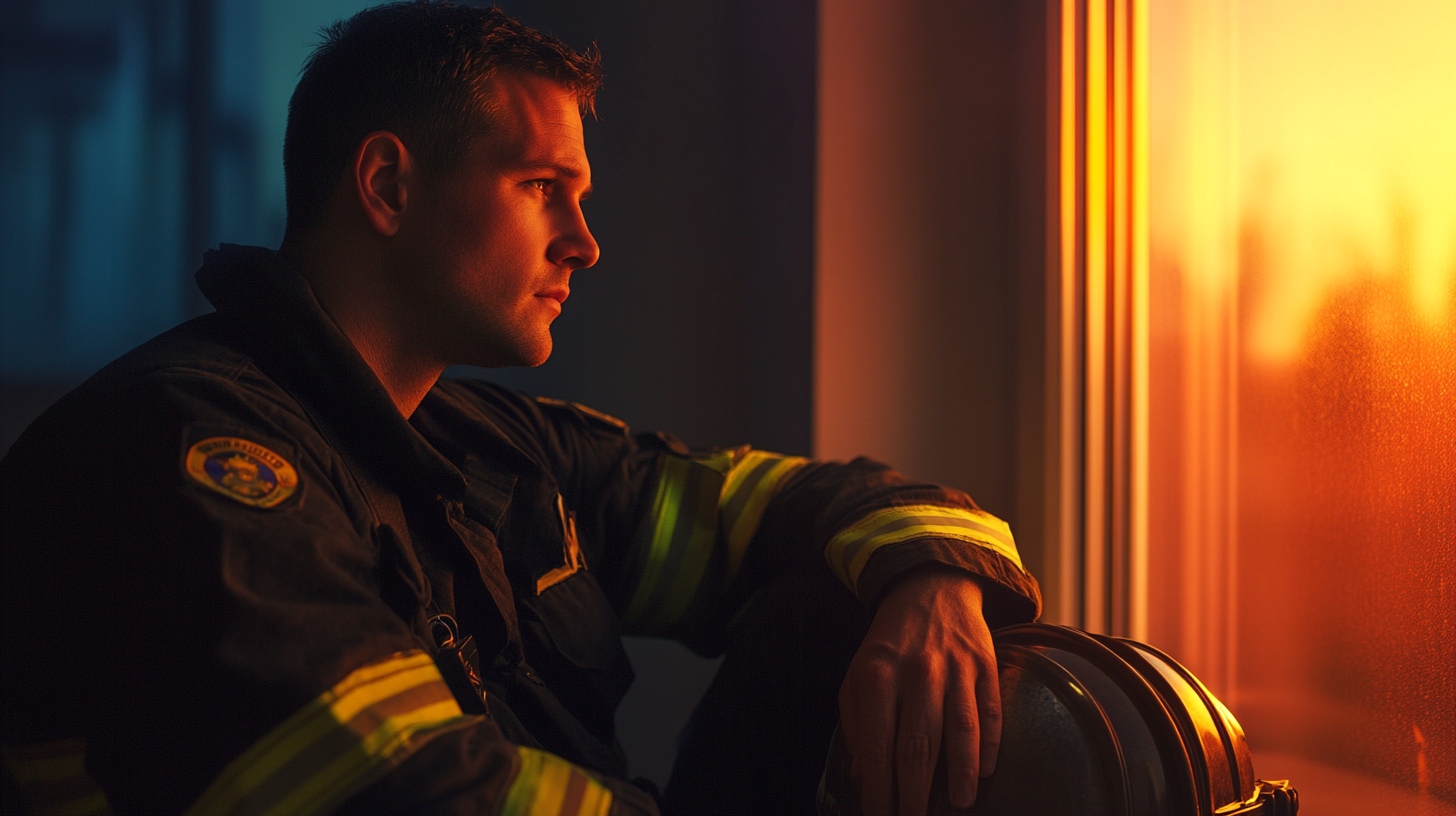 A Calm Firefighter Reflecting in Quiet Room