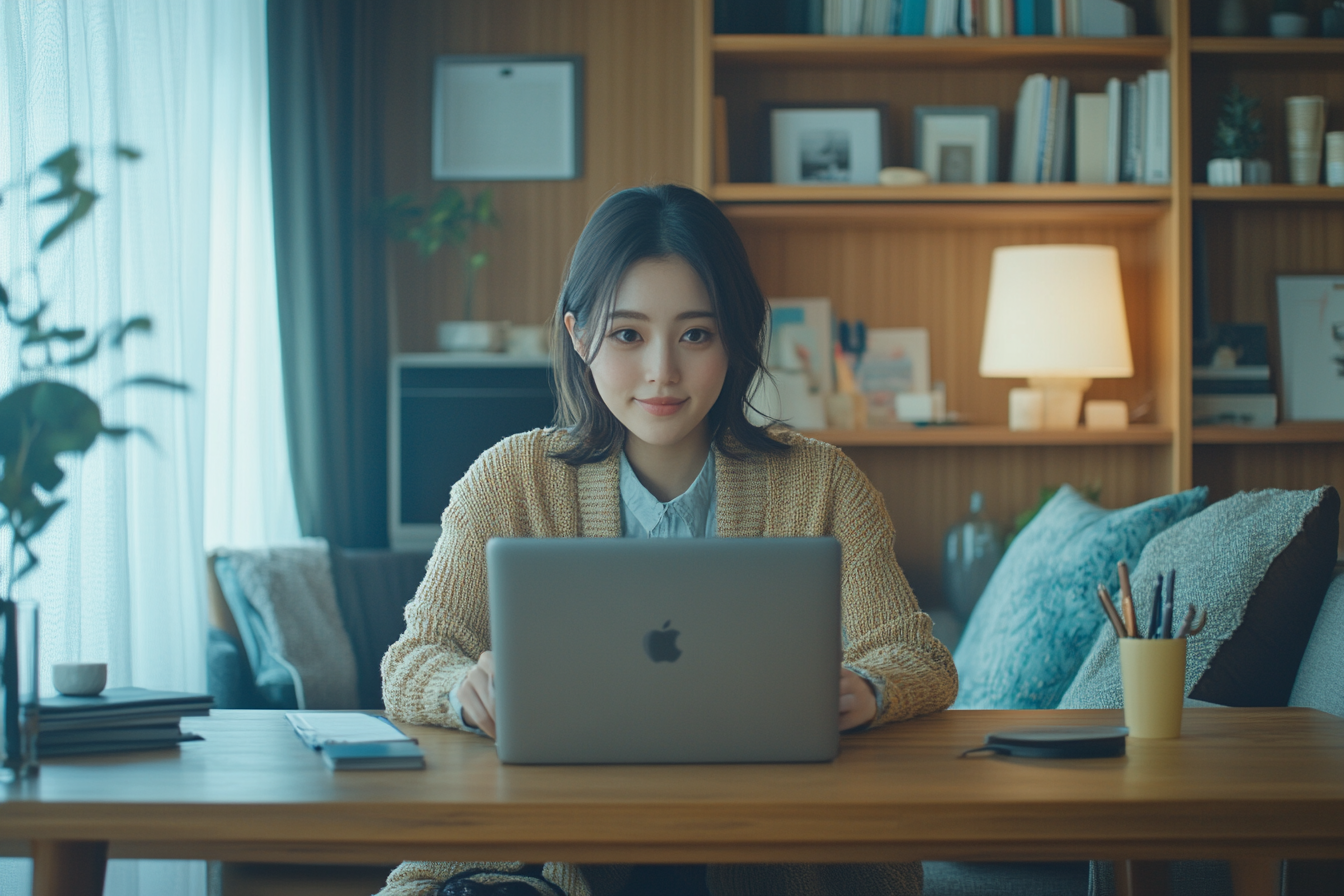 A Calm Japanese Woman Budgeting in Modern Living Room updated