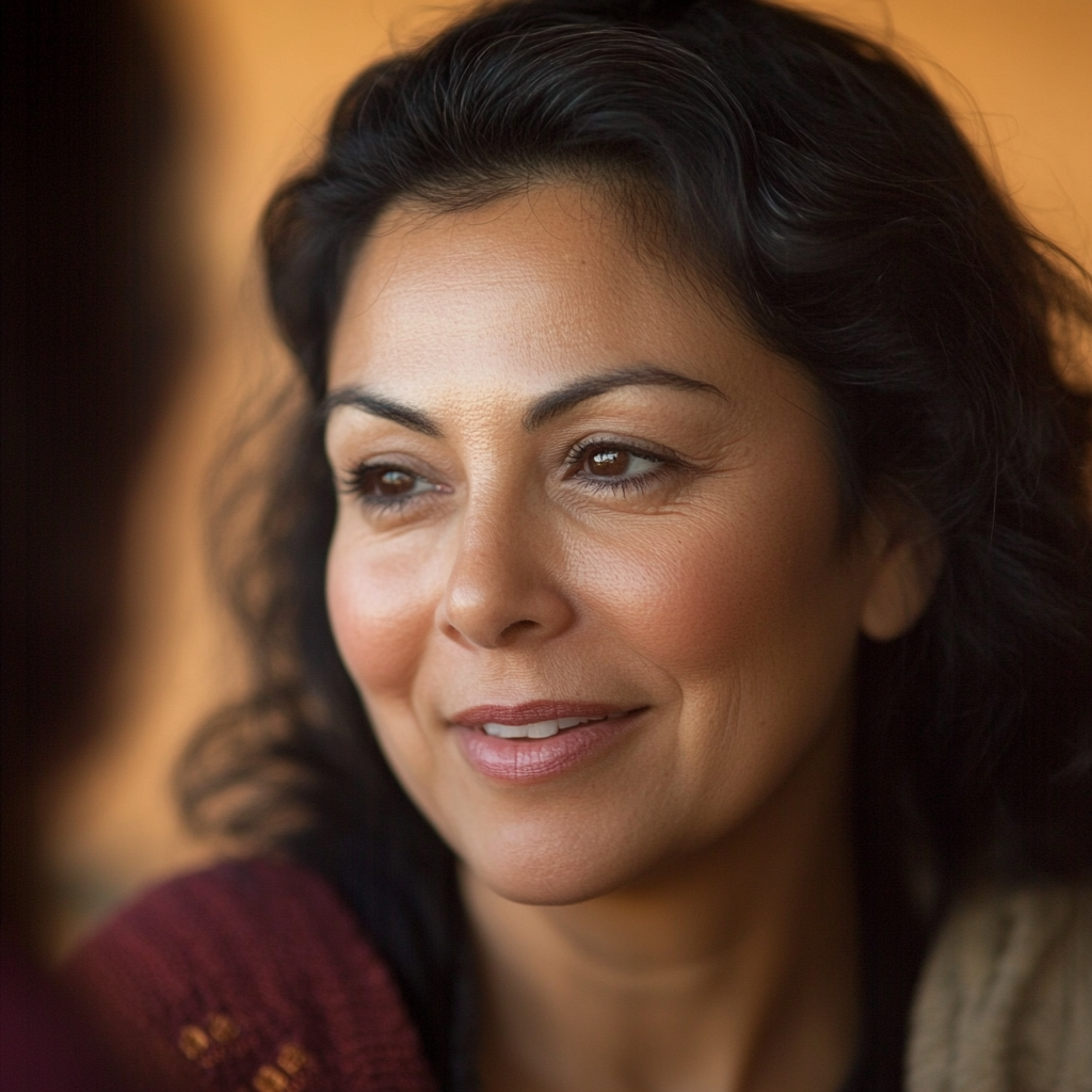 A Calm Latina Woman Smiling With Friend