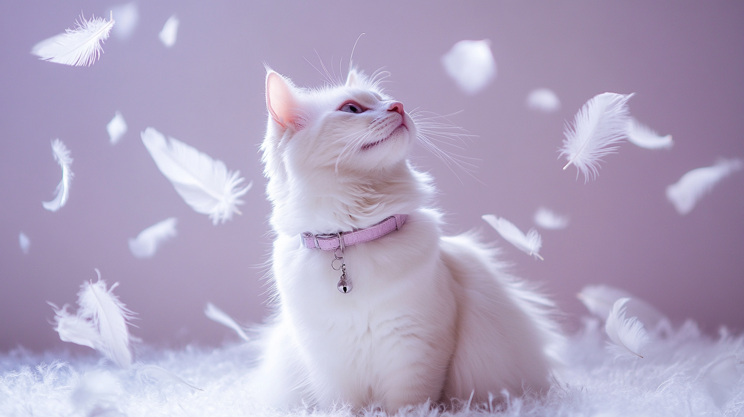 A Calm White Cat Surrounded by Fluffy Feathers