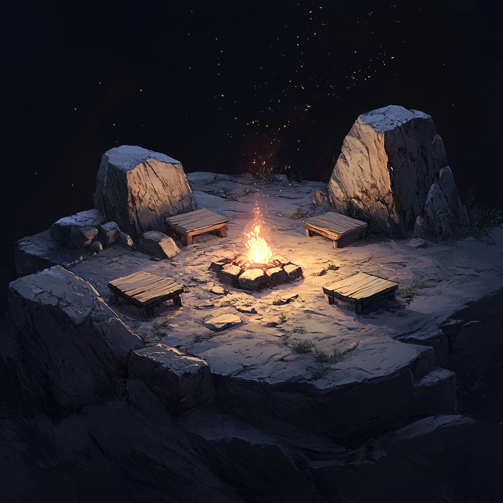 A Campfire on a Mountain Top at Night