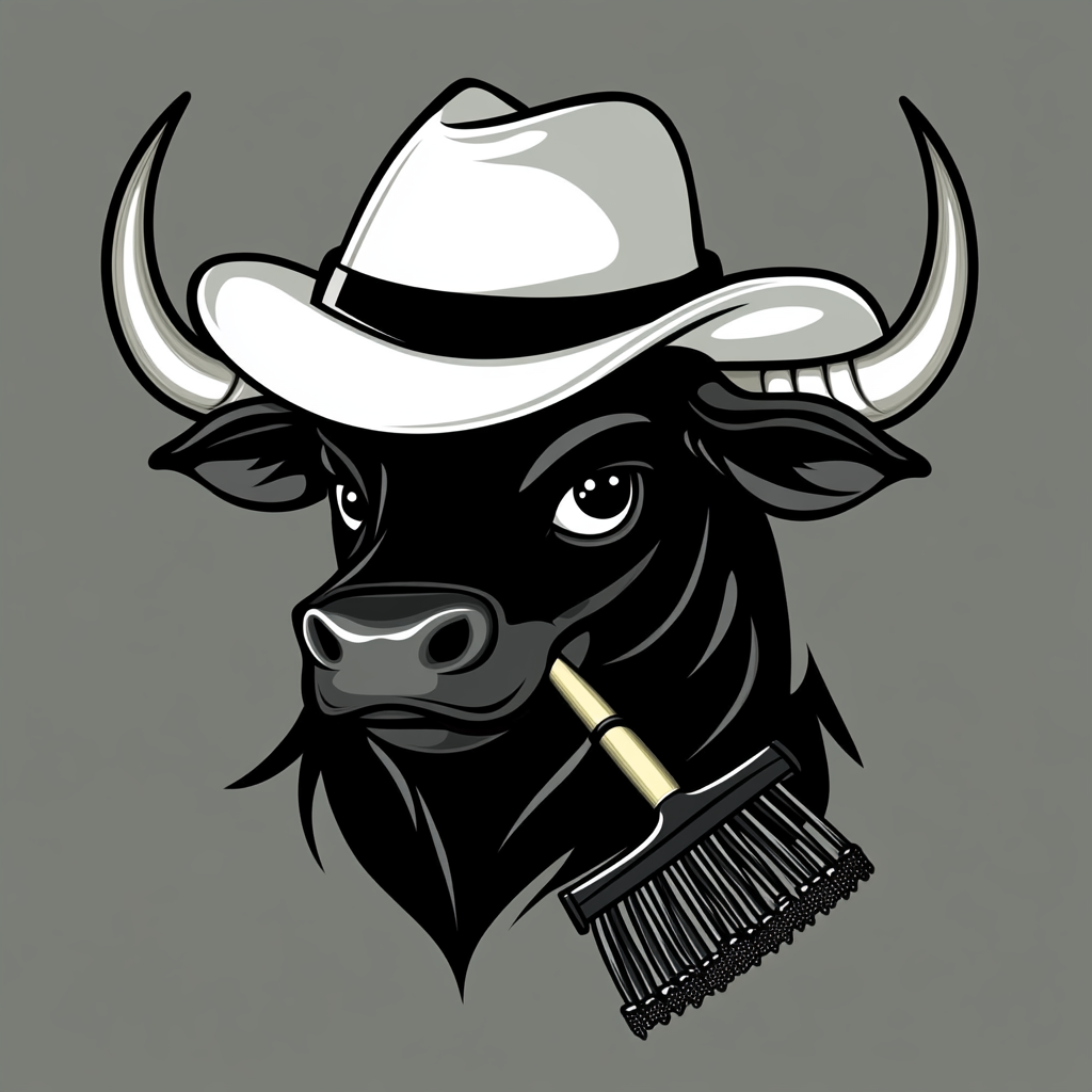 A Cartoon Bull with White Hat and Rake Logo