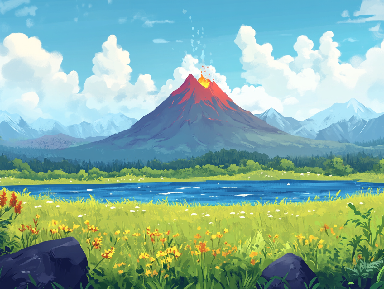 A Cartoon Landscape with Grassland, Lake, and Volcano