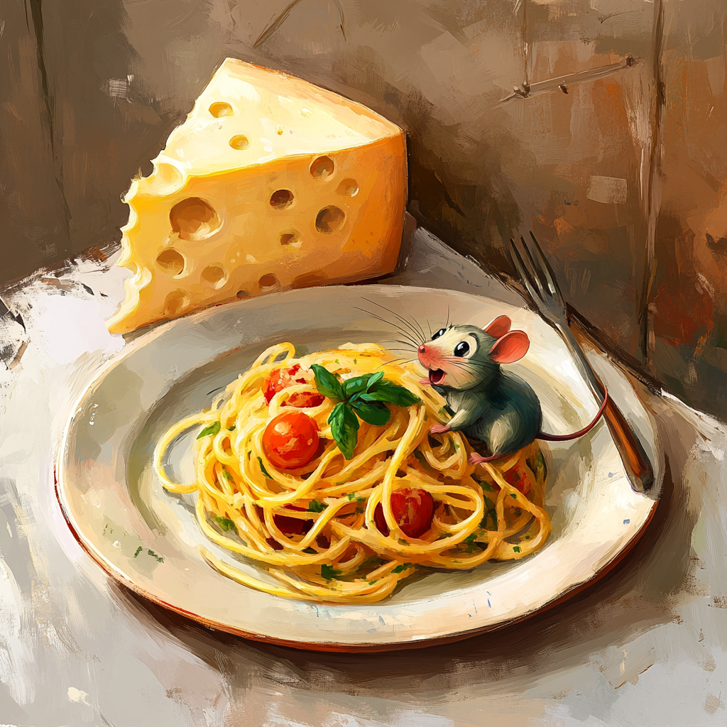 A Cartoon Mouse with Pasta and Cheese