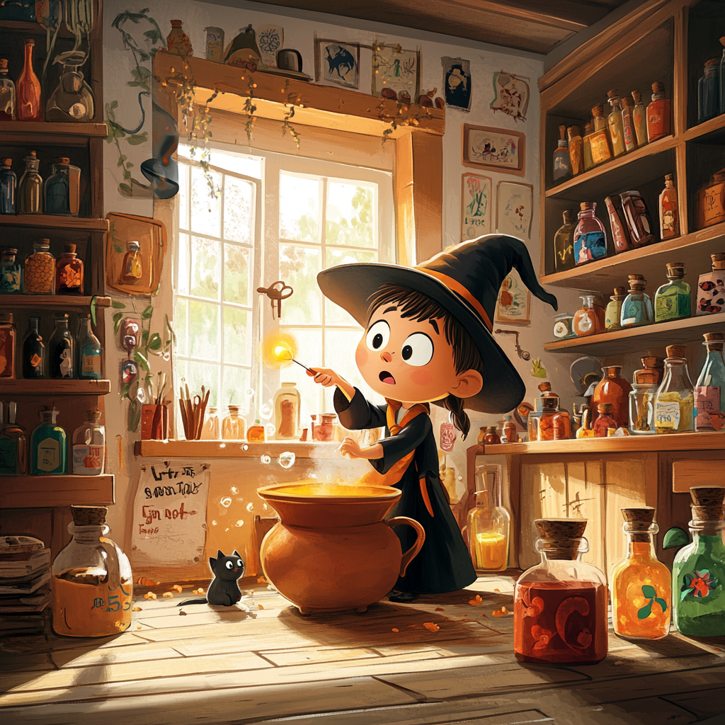 A Cartoon Witch Mixing Potions in House