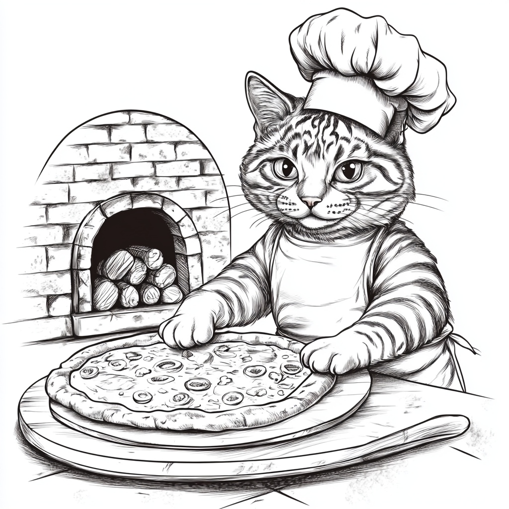 A Cat Chef Making Pizza in Cartoon Style