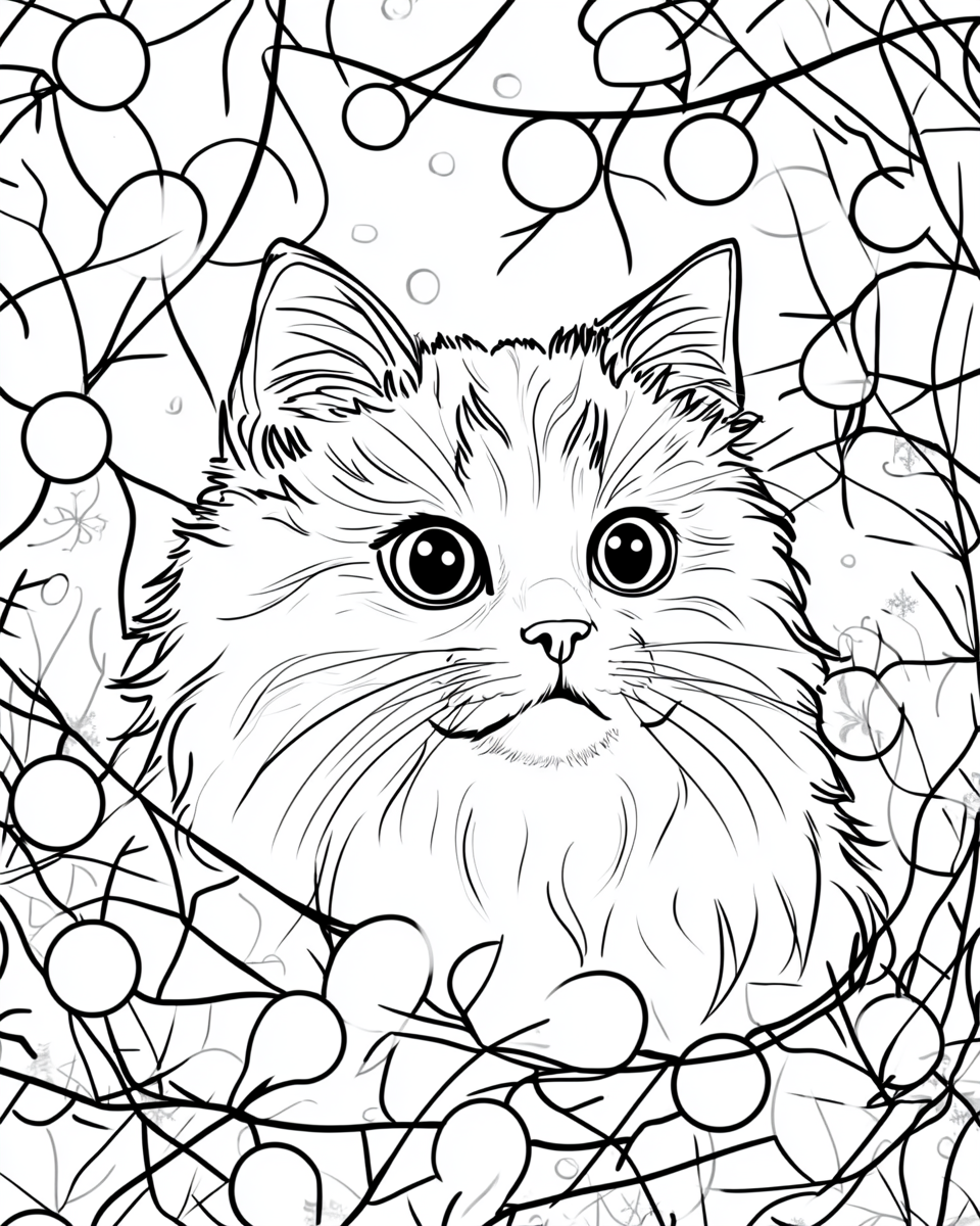 A Cat Entangled in Christmas Lights Coloring Page