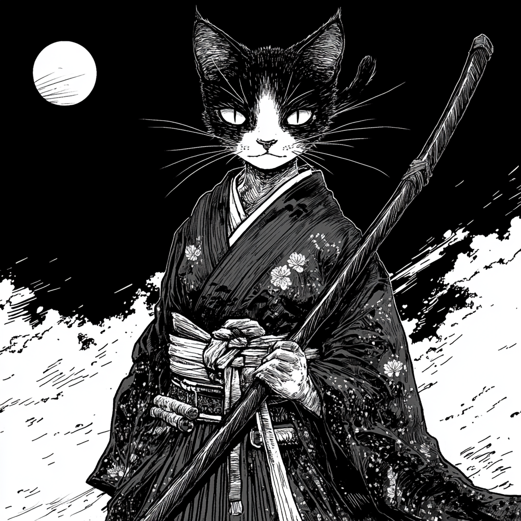 A Cat Woman Holds Polearm in Black & White