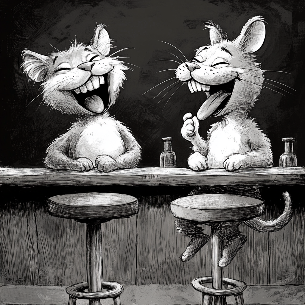 A Cat and Mouse Laughing at Bar