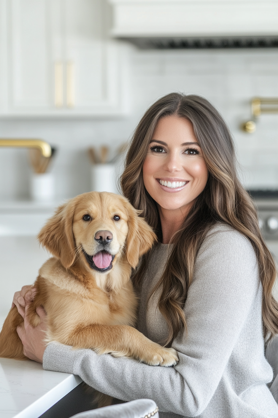 A Caucasian Woman with Brown Hair and Puppy