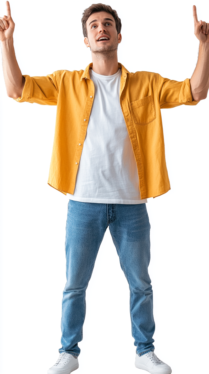 A Caucasian man pointing up with both arms.