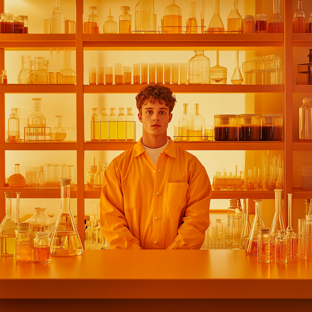 A Caucasian model in orange lab with shelves