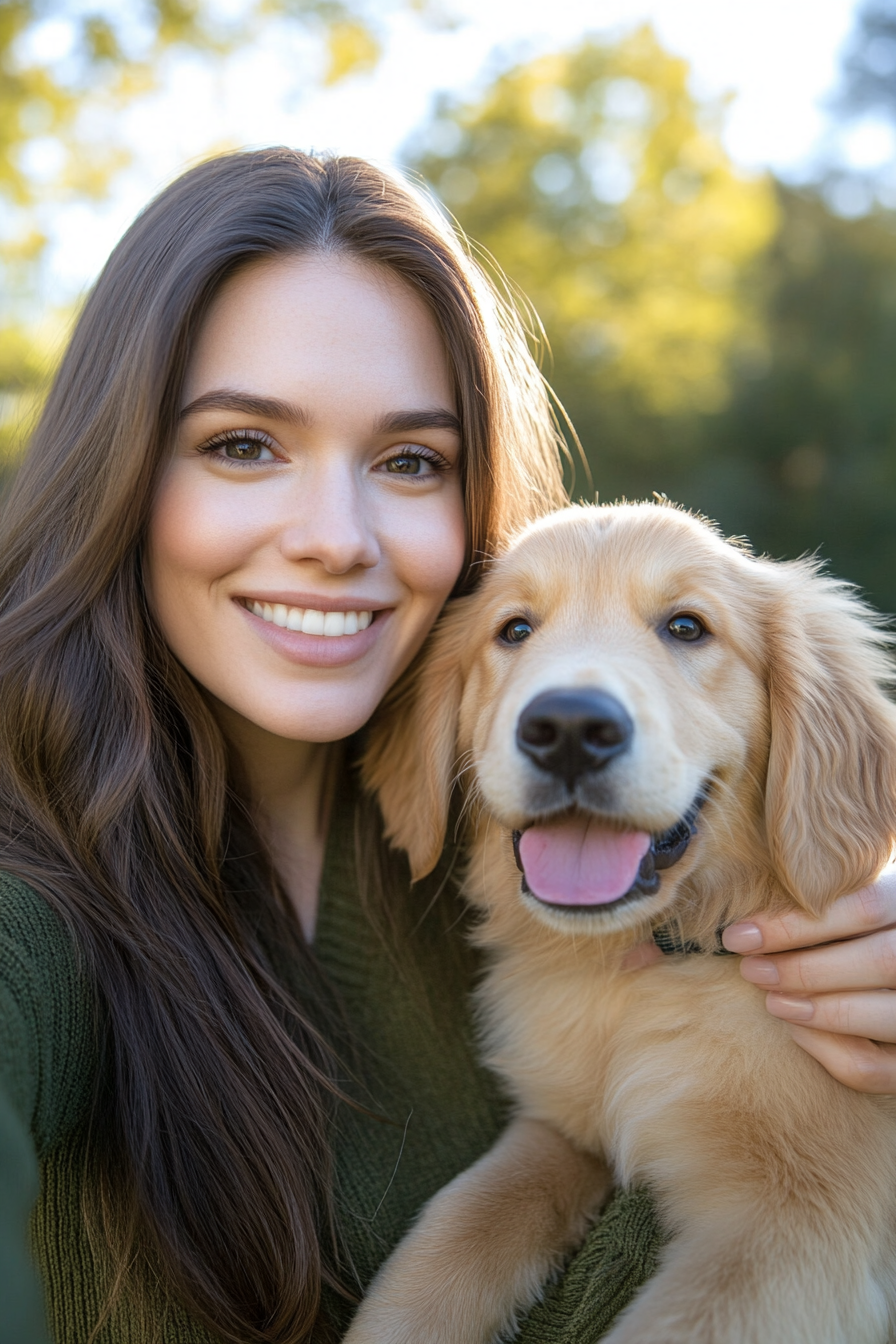 A Caucasian woman with a puppy in the park