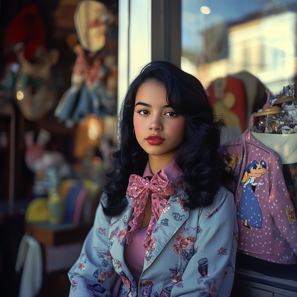 A Caucasian young woman in vintage Disney outfit.