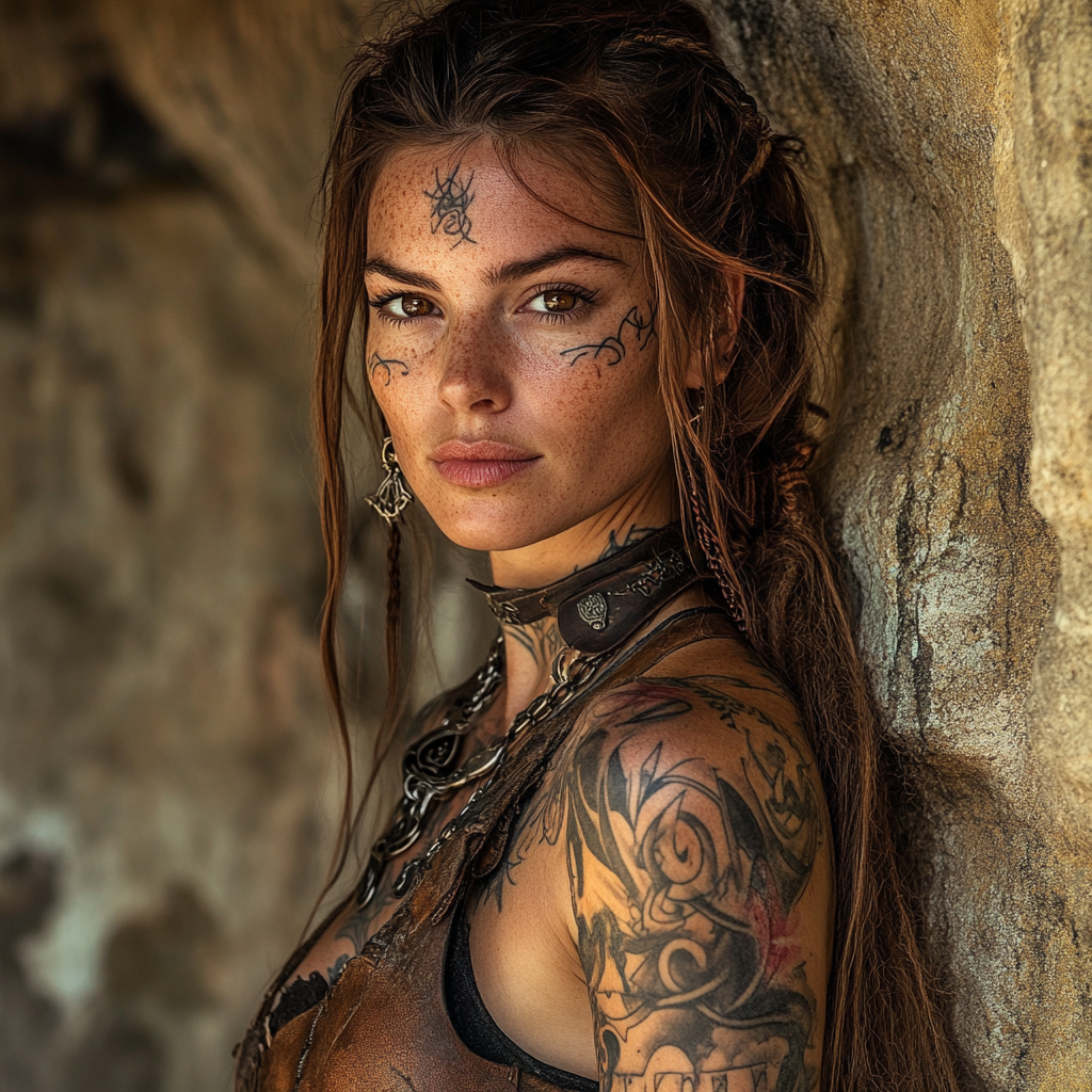 A Celtic Warrior Woman with Tattoos Standing Strong