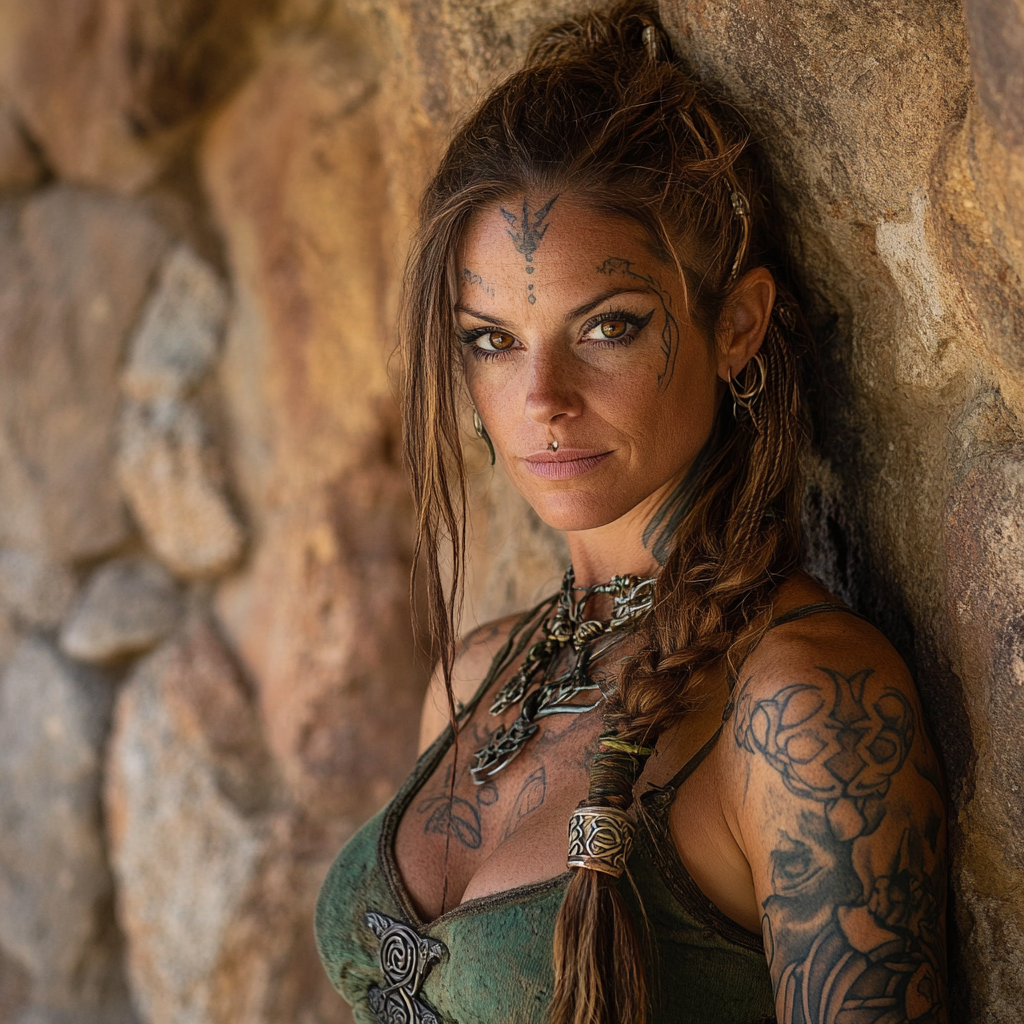 A Celtic warrior with tattoos in front of wall.