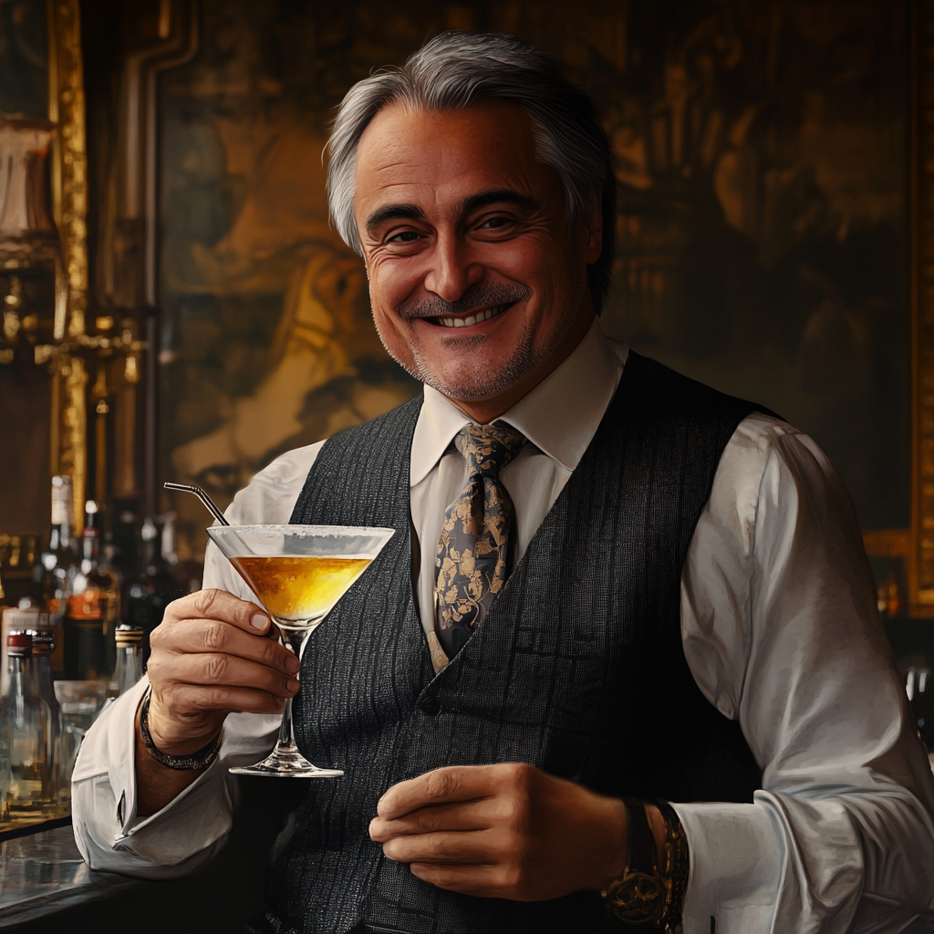 A Cheerful Elderly Man Savoring Martini in Paris