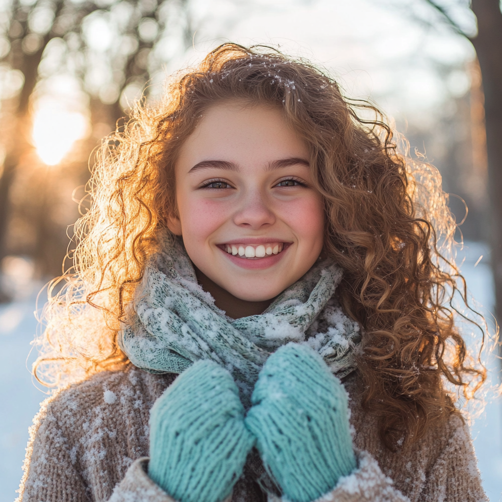 A Cheerful European Girl Enjoying Snow in Winter