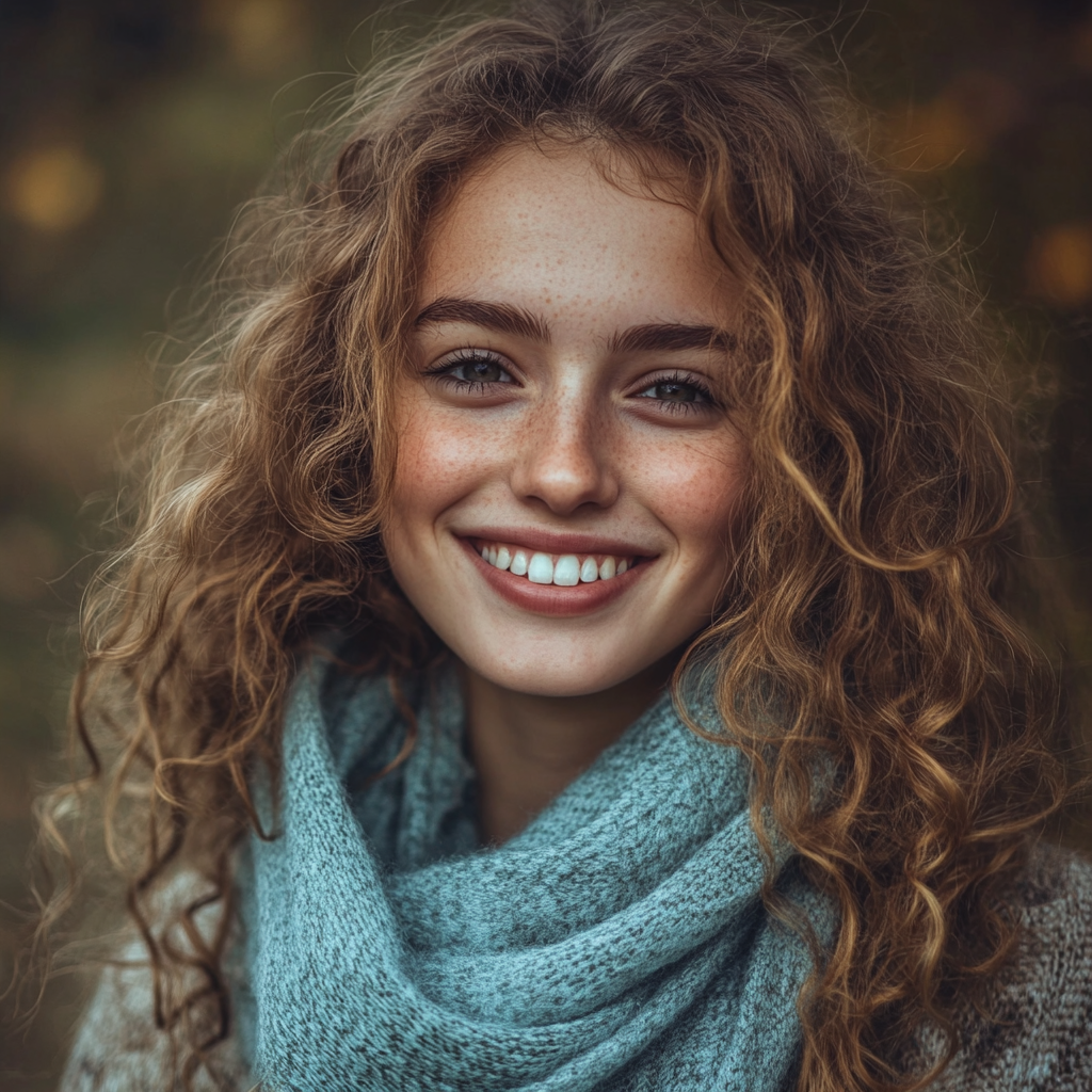 A Cheerful European Girl Smiling Outdoors in Cozy Outfit