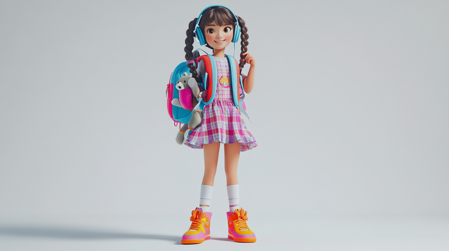 A Cheerful Kazakh Girl with Teddy and Backpack