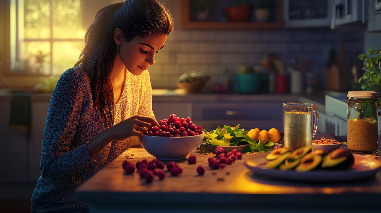 A Cheerful Woman Eating Healthy at Kitchen Table