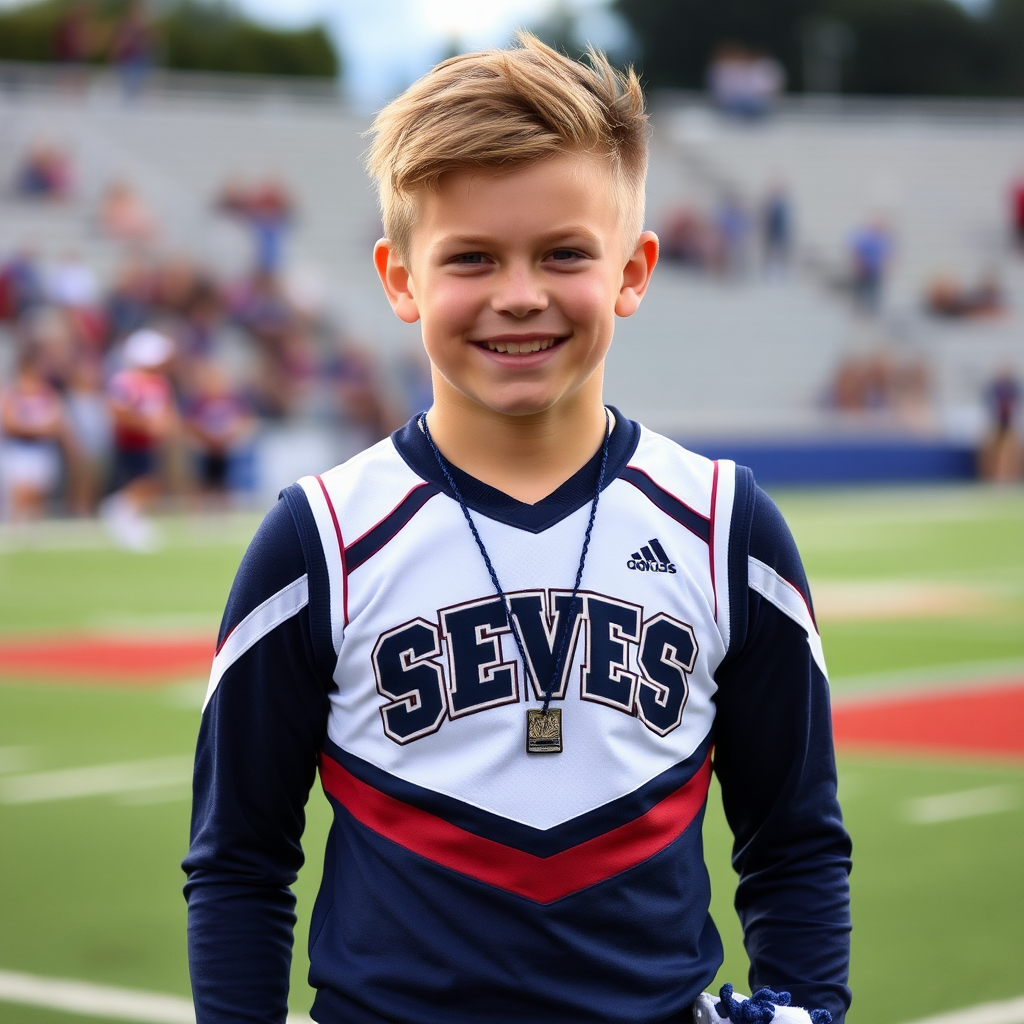 A Cheerleader Boy Cheers Happily at Game.