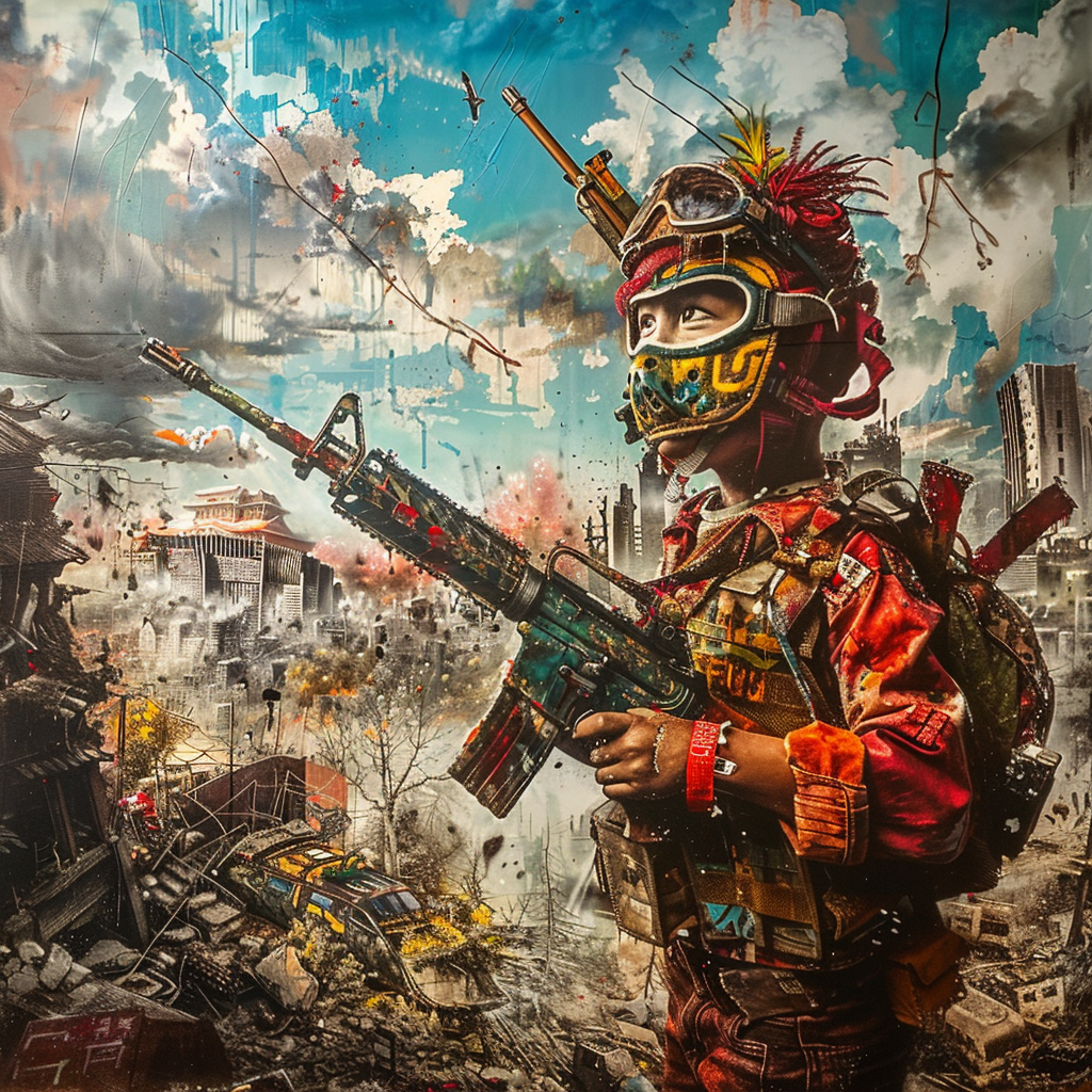 A Child Soldier in Samurai Mask in Ruined City