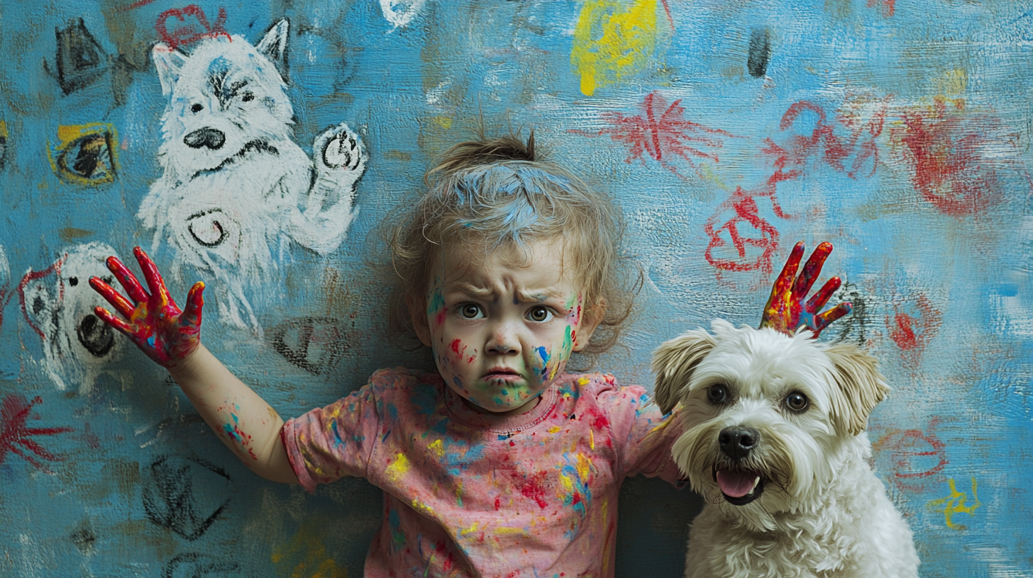 A Child and Dog in Messy Finger Paint