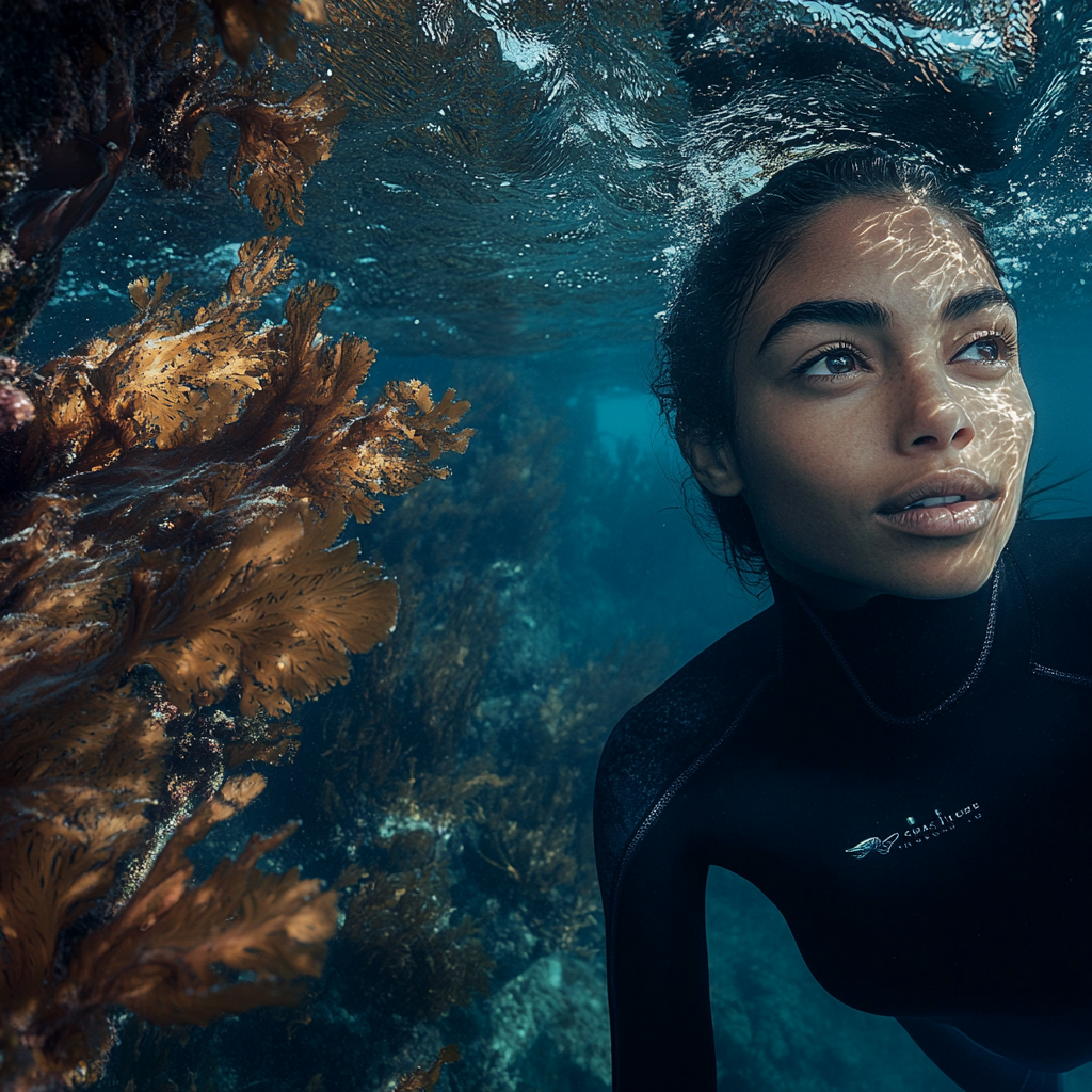 A Chilean woman models cold water diving wetsuit.