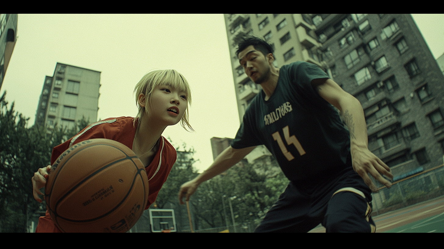 A Chinese Girl Plays Basketball Outdoors