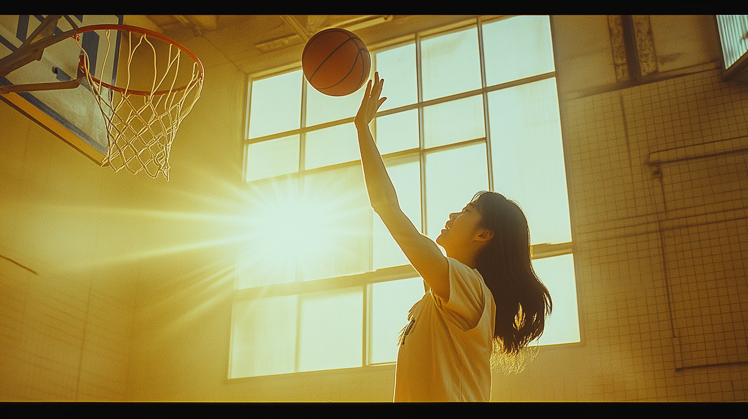 A Chinese Woman Shooting a Basketball Indoors