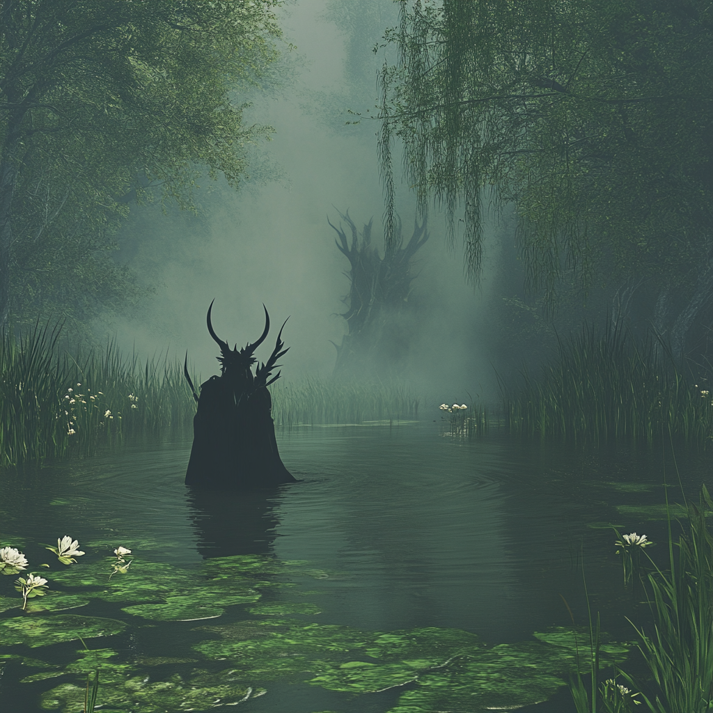 A Chinese demon in a misty green pond.