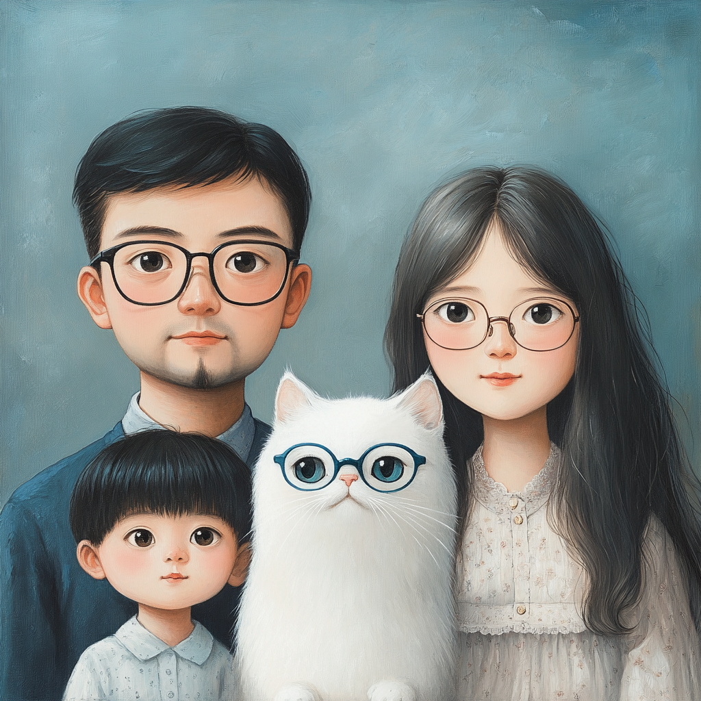 A Chinese family with two kids and a cat.