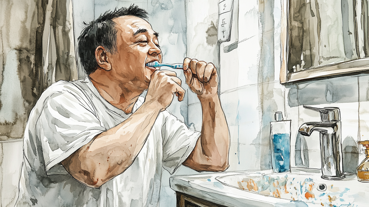 A Chinese man brushing teeth in bathroom.