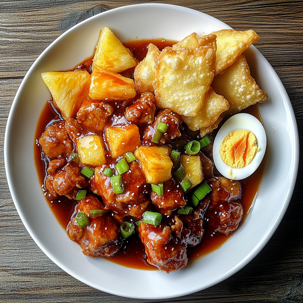 A Chinese plate with chicken, pork, egg, and wontons