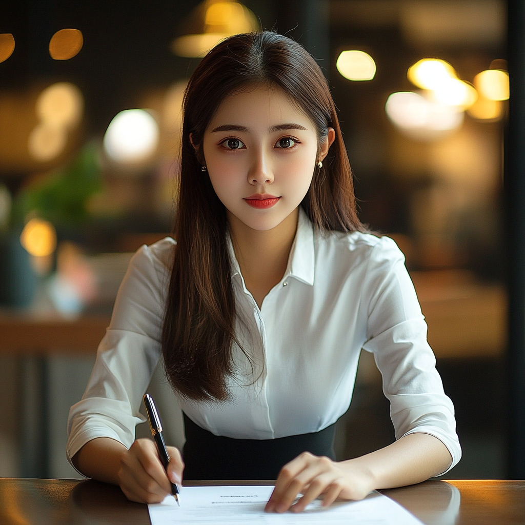 A Chinese sales specialist signing a contract