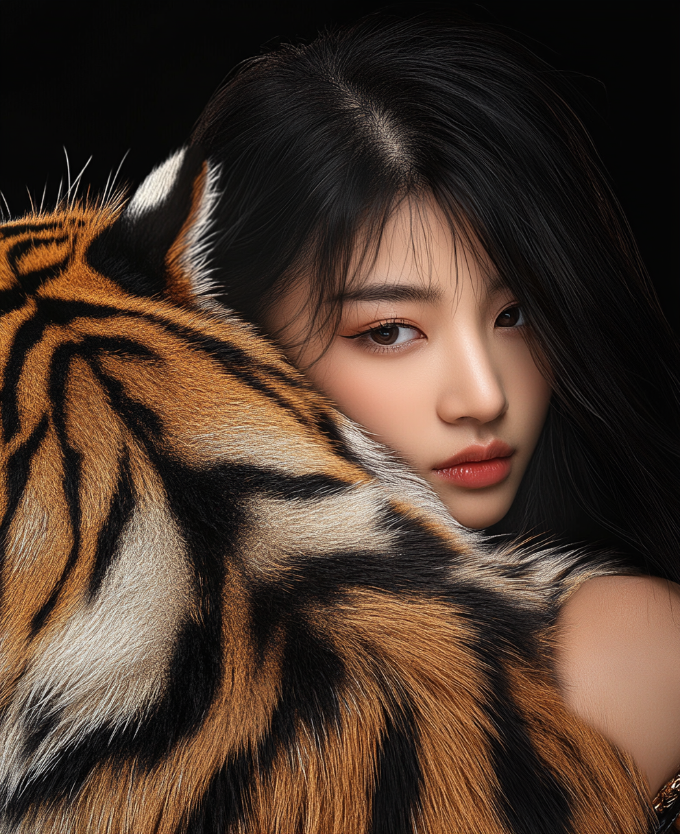 A Chinese woman in tiger fur with dramatic lighting