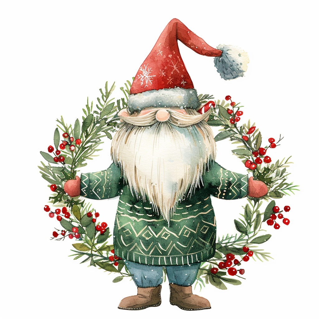 A Christmas Gnome in Green Sweater and Santa Hat