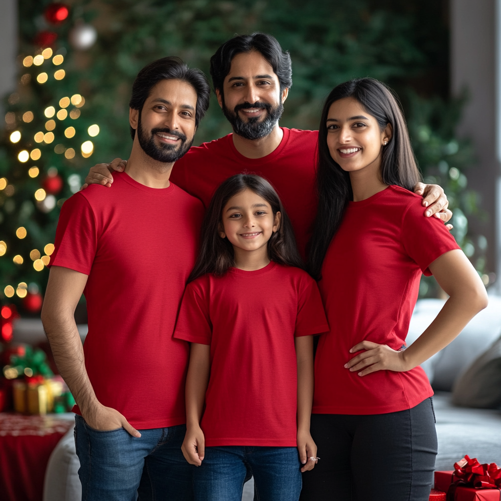 A Christmas Indian family of four in red shirts.