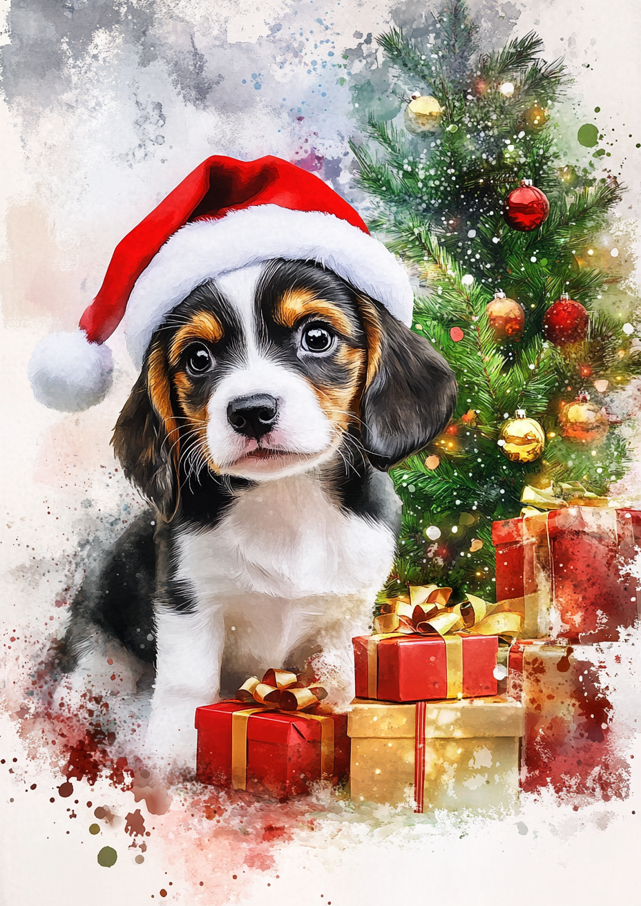 A Christmas card with cute puppies in Santa hats