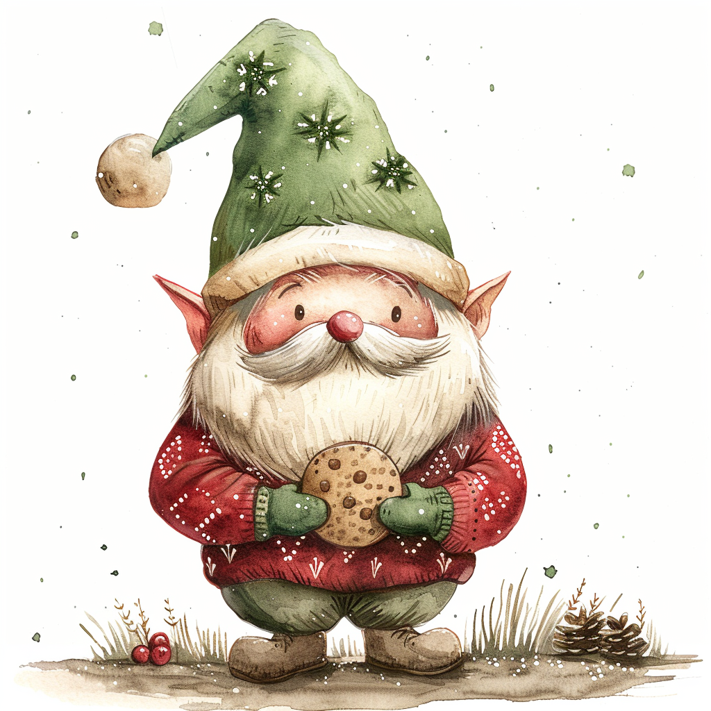 A Christmas gnome holding cookie and wearing festive outfit