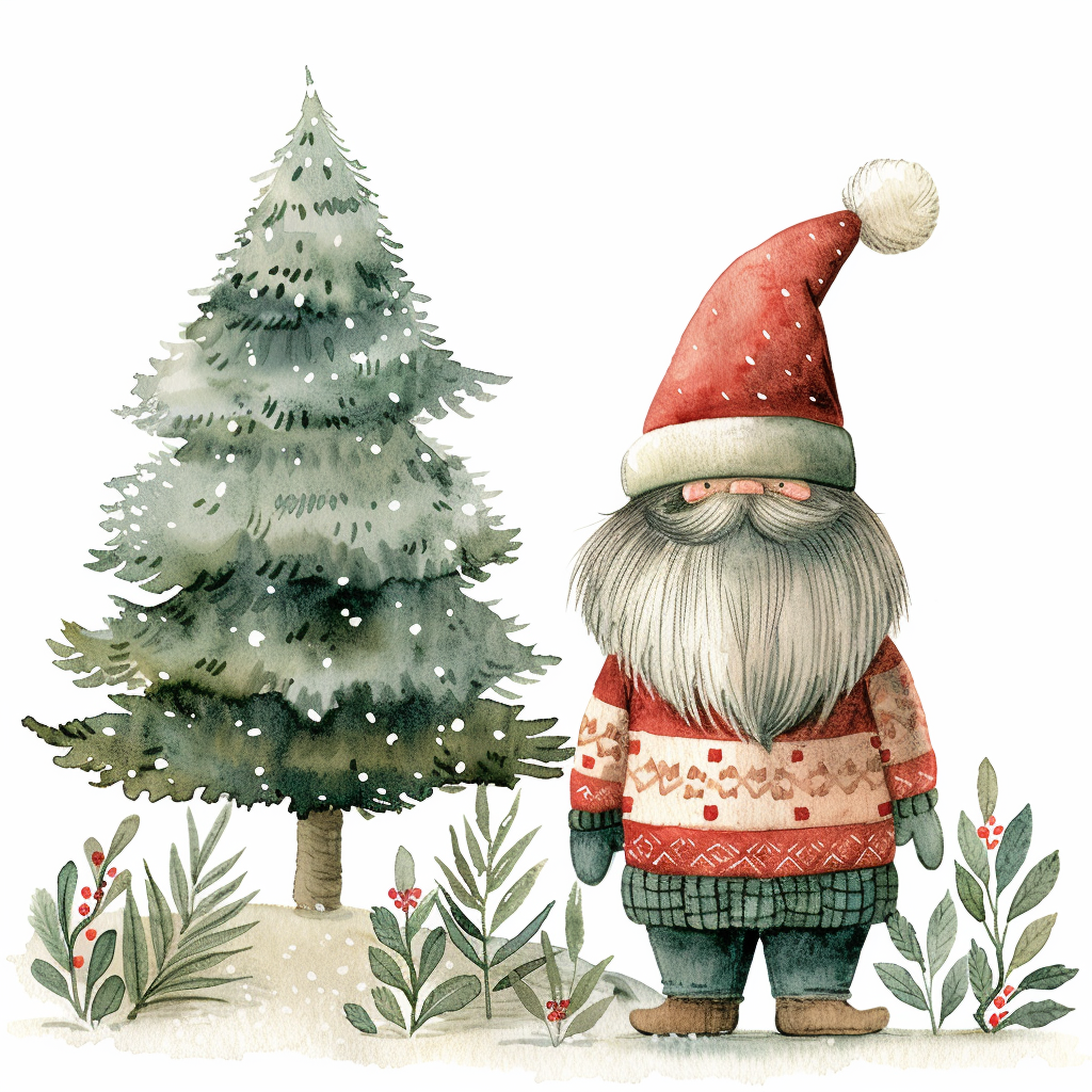 A Christmas gnome in red sweater by tree