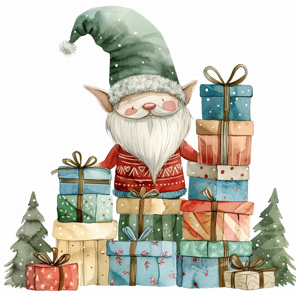 A Christmas gnome in red sweater holds presents