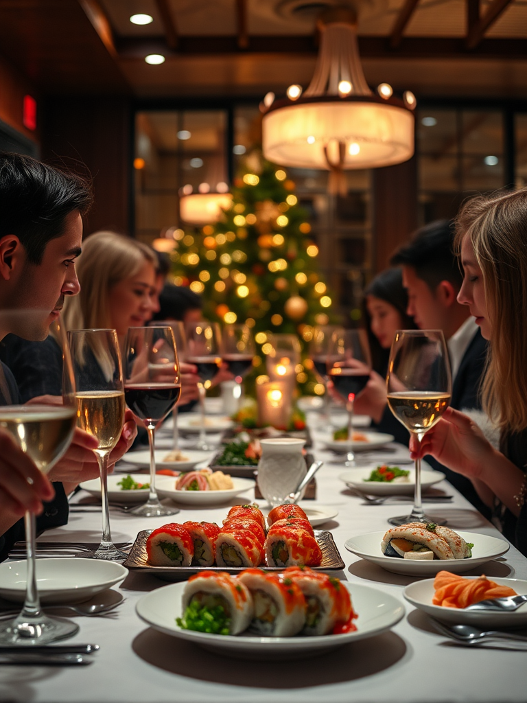 A Christmas party with fancy sushi dinner setting