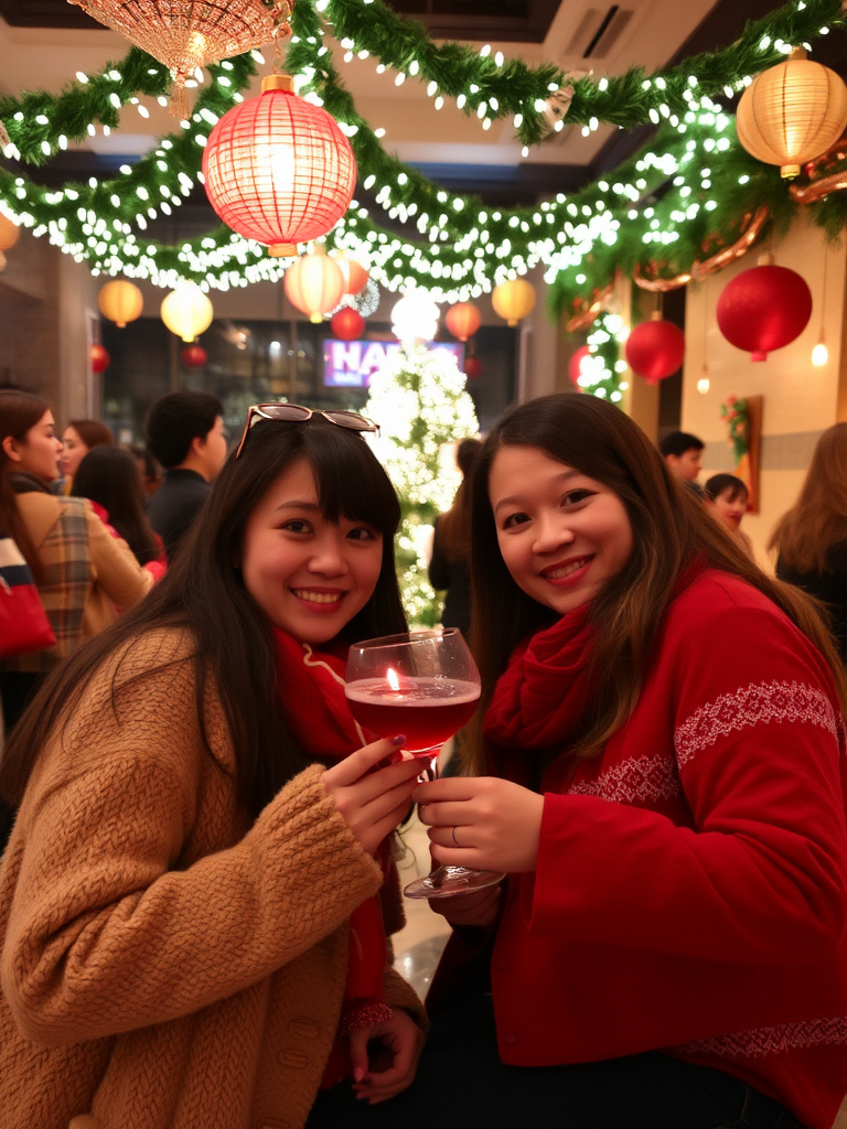 A Christmas party with sushi and decorations.