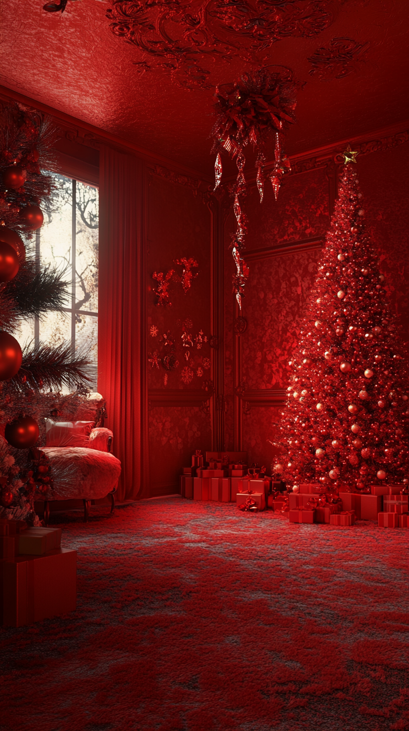 A Christmas room with vibrant red colors.